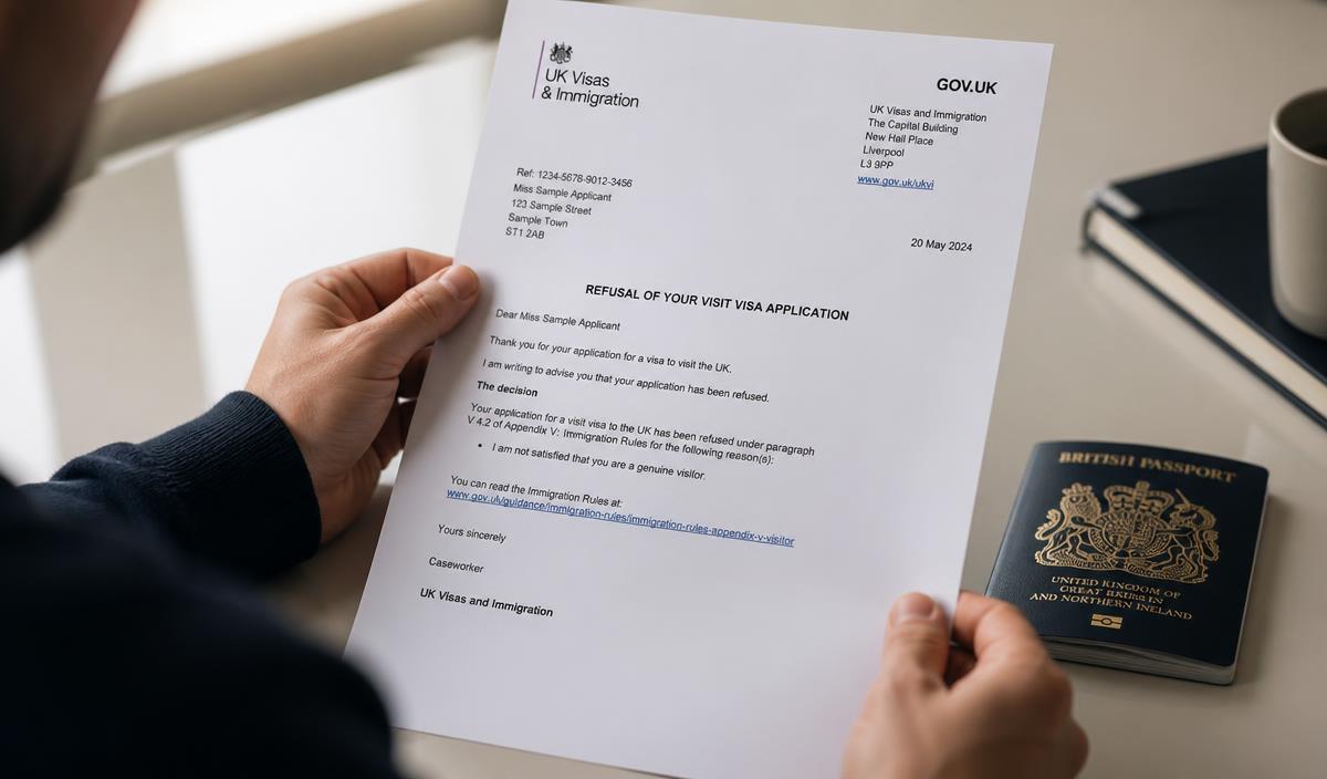 A person holding an official UK visa refusal letter next to a passport
